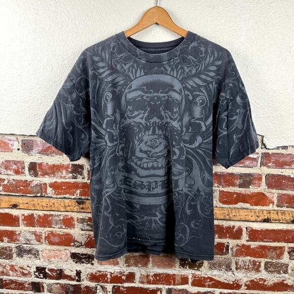 Vintage MMA Elite Shirt Sz XL Black Short Sleeve AOP Skull Rose Grunge Skate Y2K - Picture 1 of 7